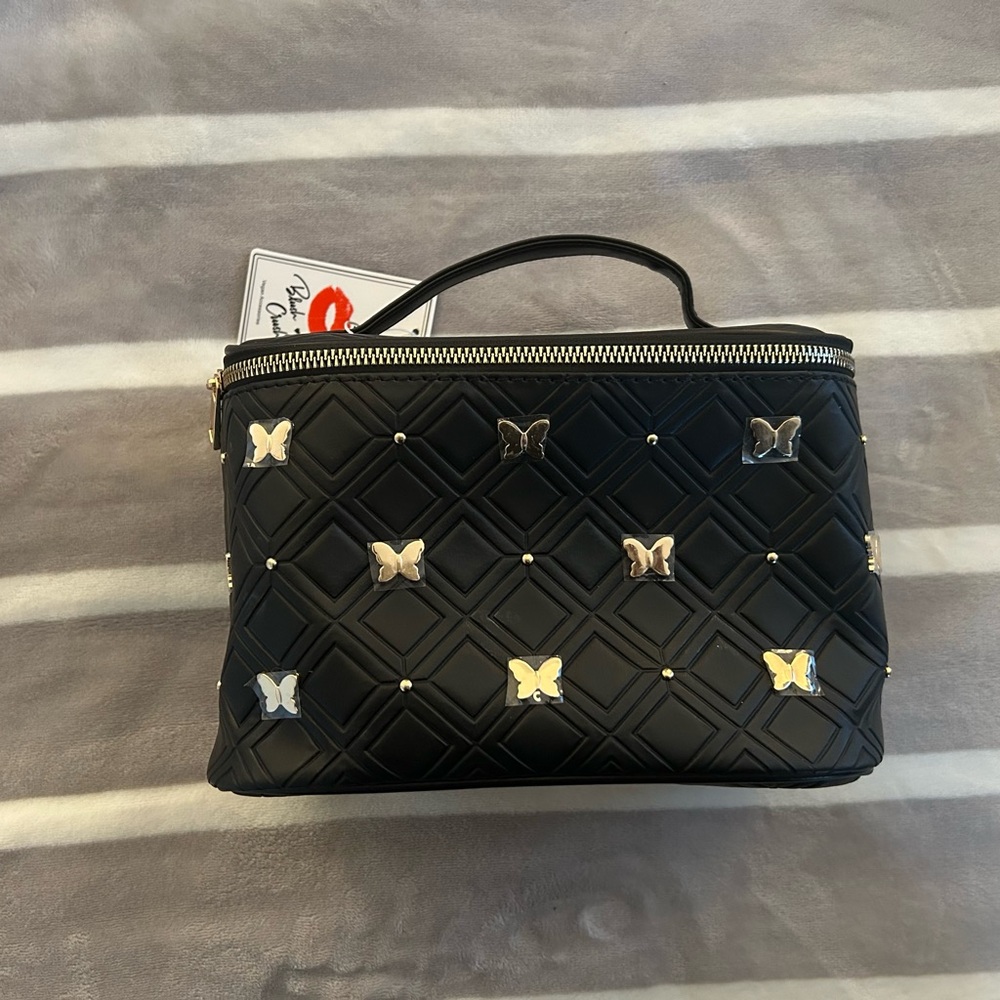 Betsey Johnson Black Quilted Cosmetic Bag with Gold Butterfly Accents